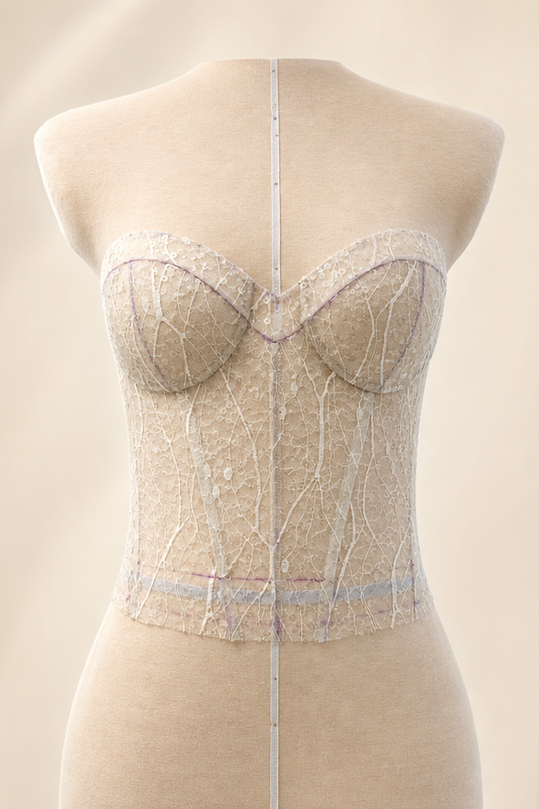 Front digital form study of an ivory structured lace corset